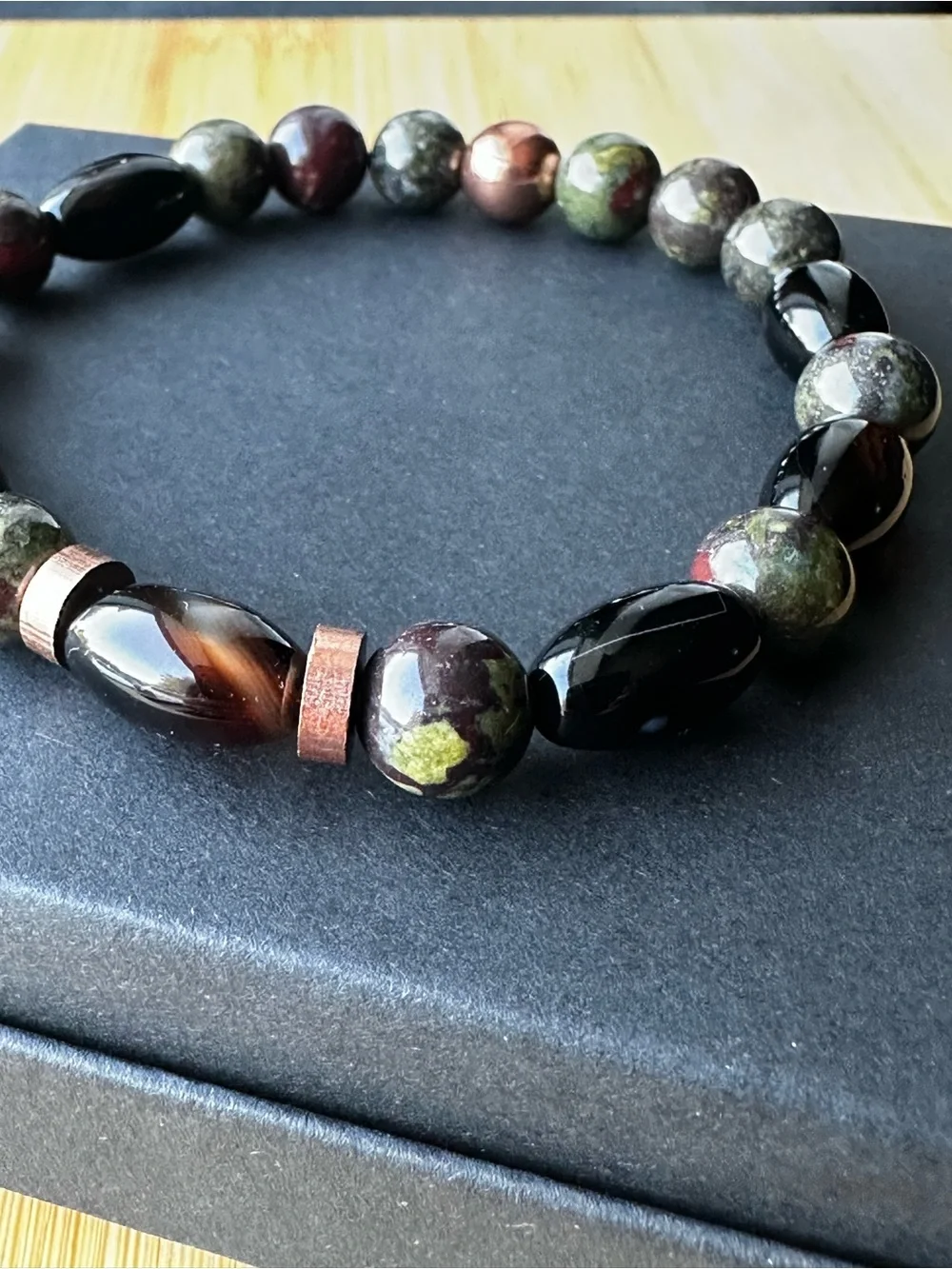Men’s Dragon Blood Jasper Black Onyx Solid Copper Bracelet 7.5”
